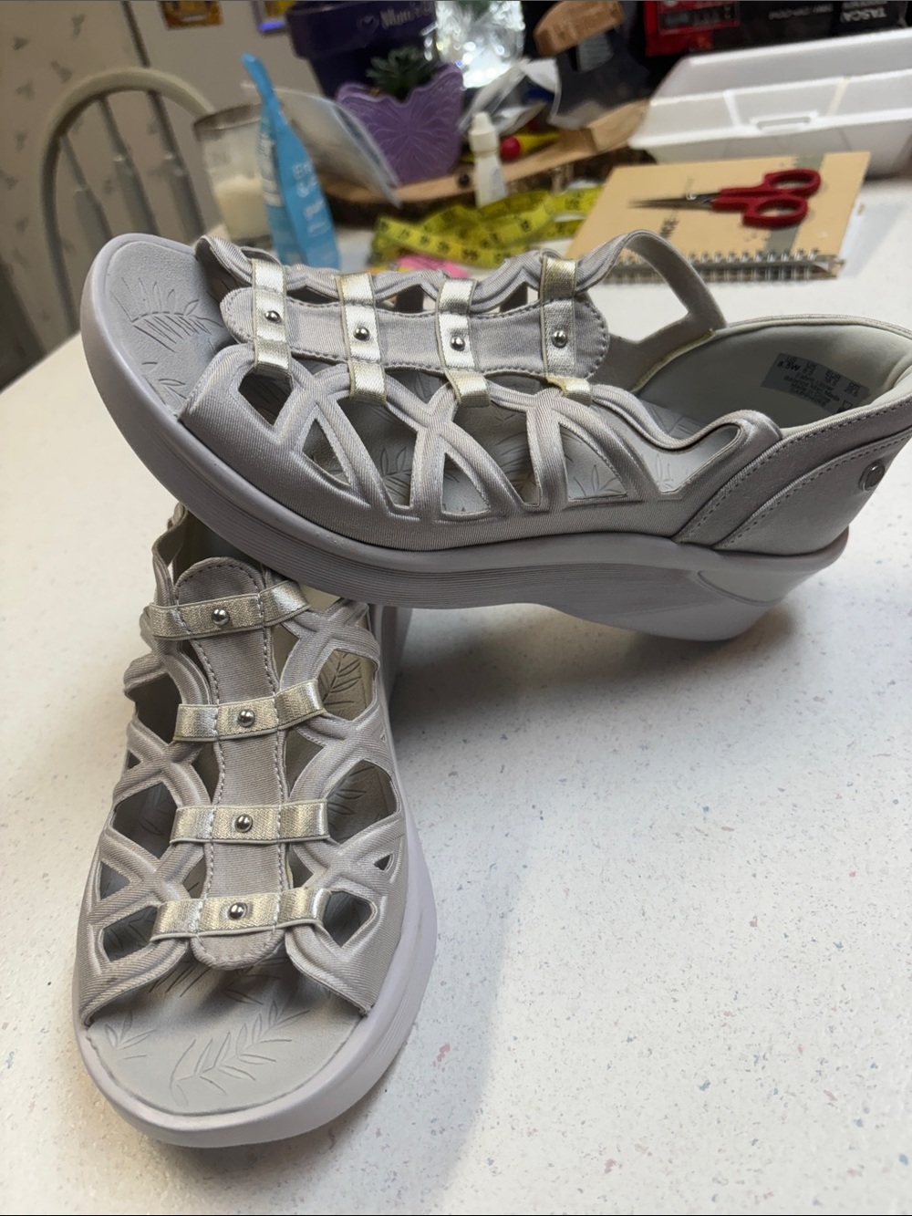 Bzees Light Silver Strappy Comfort Wedges